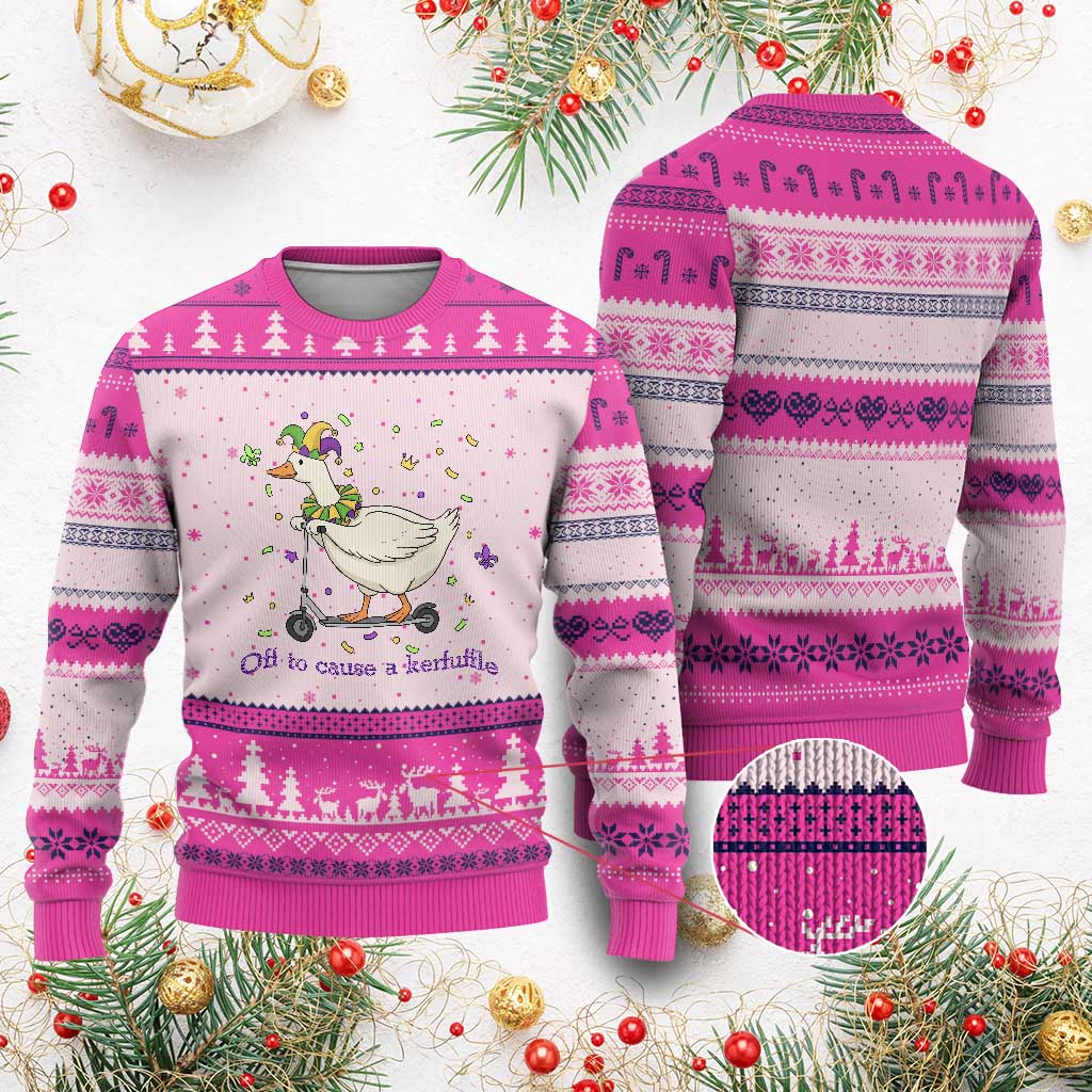 Mardi Gras Silly Goose Ugly Christmas Sweater Off To Cause A Kerfuffle TS14 Hot Pink Print Your Wear