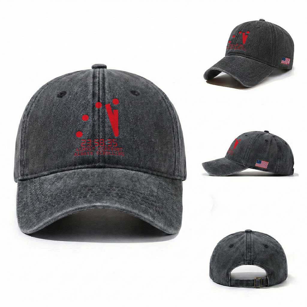 Doomsday Clock Armageddon Washed Cotton Baseball Cap Almost Midnight Always Scrolling TS14 Washed Cap Universal Fit Dark Gray Print Your Wear
