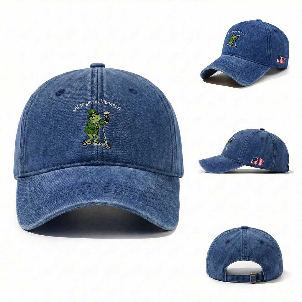 Funny Frog St Patricks Day Meme Washed Cotton Baseball Cap Vitamin G Irish Beer TS14 Washed Cap Universal Fit Royal Blue Print Your Wear