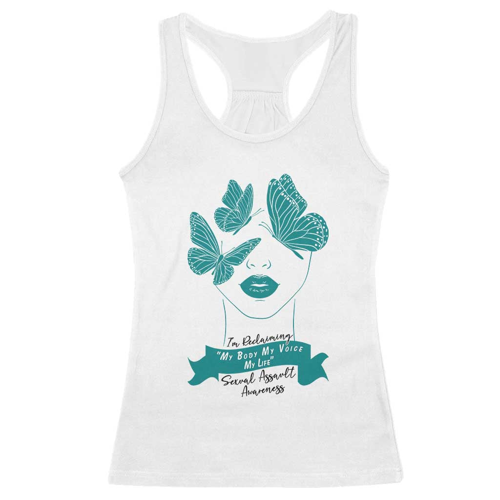 Sexual Assault Awareness Month Racerback Tank Top I Am Reclaiming My Body My Voice My Life TS14 White Print Your Wear