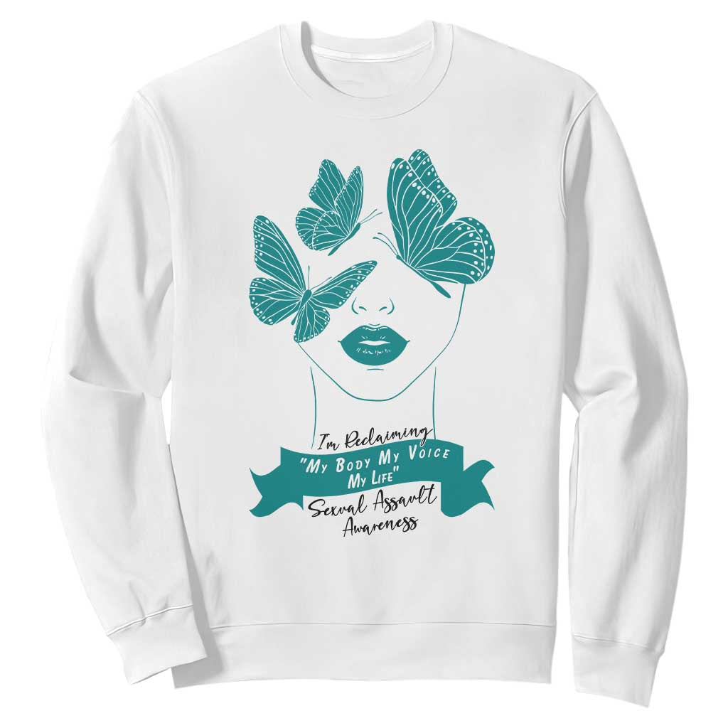 Sexual Assault Awareness Month Sweatshirt I Am Reclaiming My Body My Voice My Life TS14 White Print Your Wear