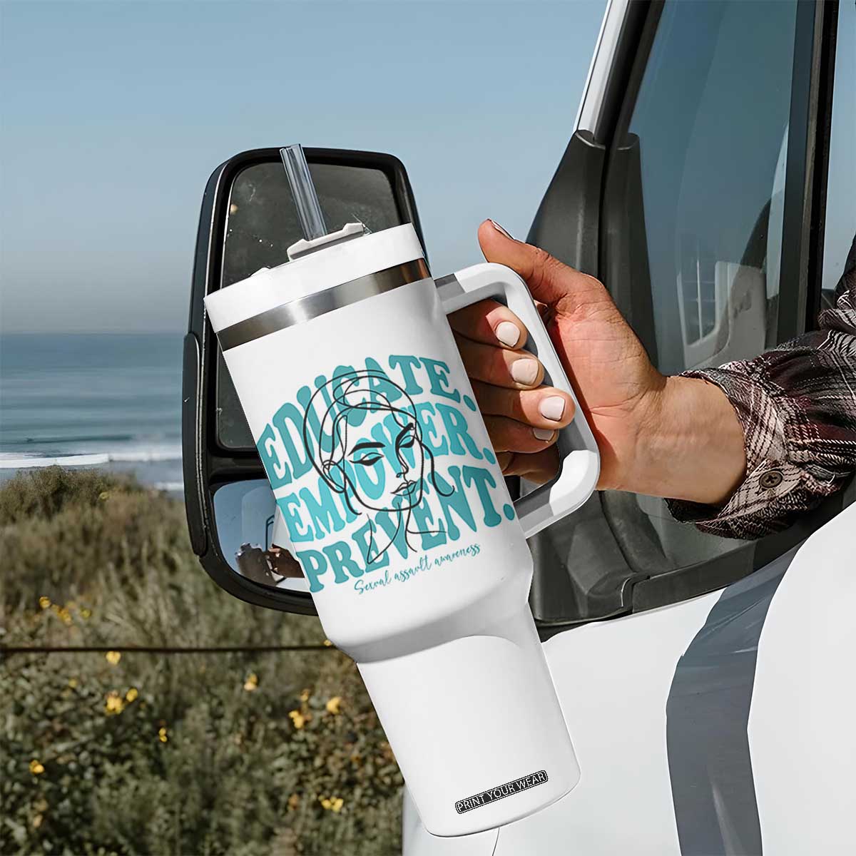 Sexual Assault Awareness Prevention Tumbler With Handle Educate Empower Prevent Women's Right TS14 Print Your Wear