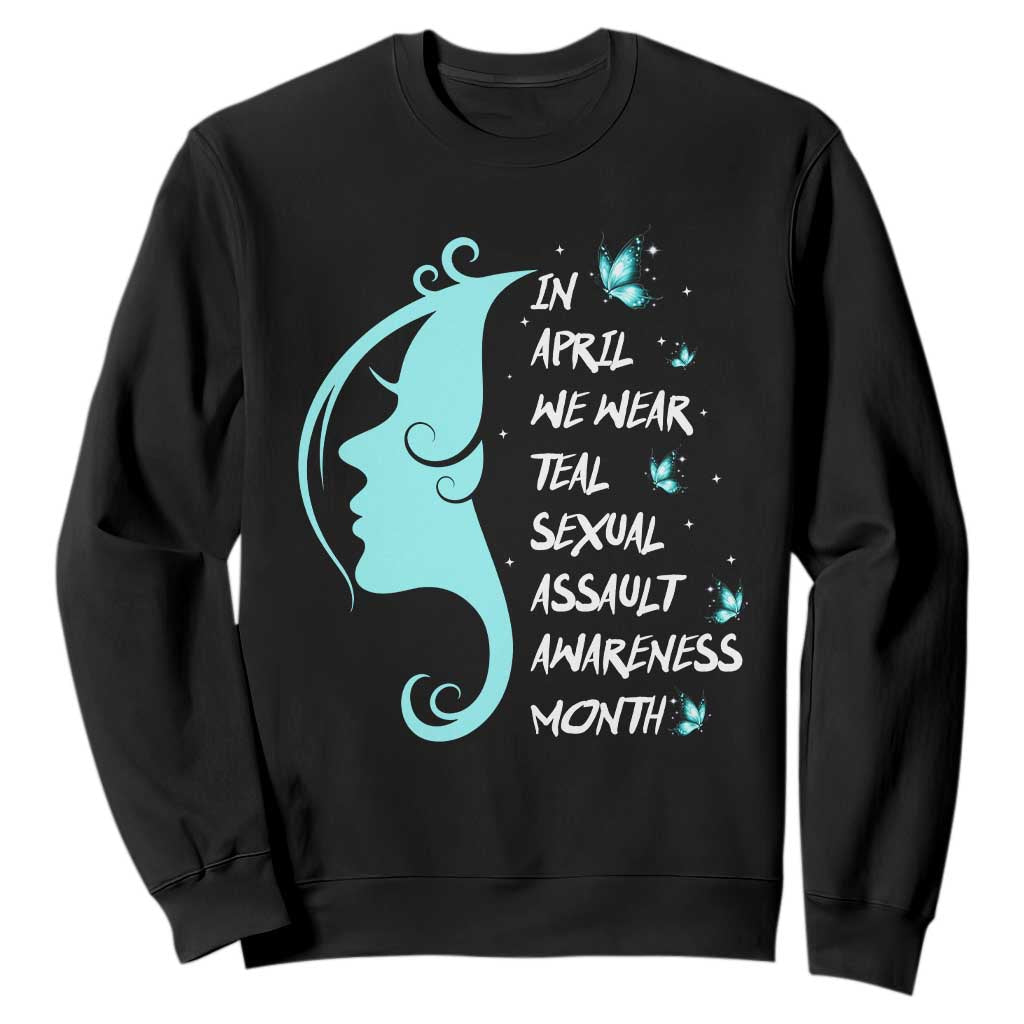Sexual Assault Awareness Month Sweatshirt In April We Wear Teal Ribbon TS14 Black Print Your Wear