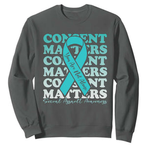 Sexual Assault Awareness Month Sweatshirt Teal Ribbon Consent Matters You Are Not Alone TS14 Dark Heather Print Your Wear