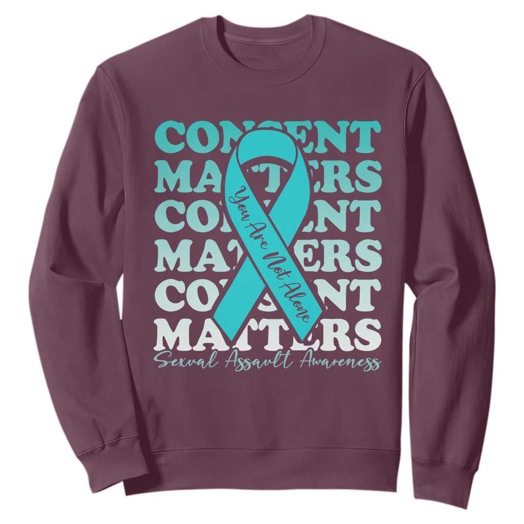 Sexual Assault Awareness Month Sweatshirt Teal Ribbon Consent Matters You Are Not Alone TS14 Maroon Print Your Wear