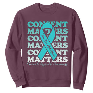 Sexual Assault Awareness Month Sweatshirt Teal Ribbon Consent Matters You Are Not Alone TS14 Maroon Print Your Wear
