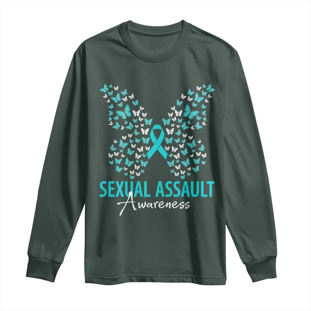 Sexual Assault Awareness Butterfly Ribbon Long Sleeve Shirt TS14 Dark Forest Green Print Your Wear