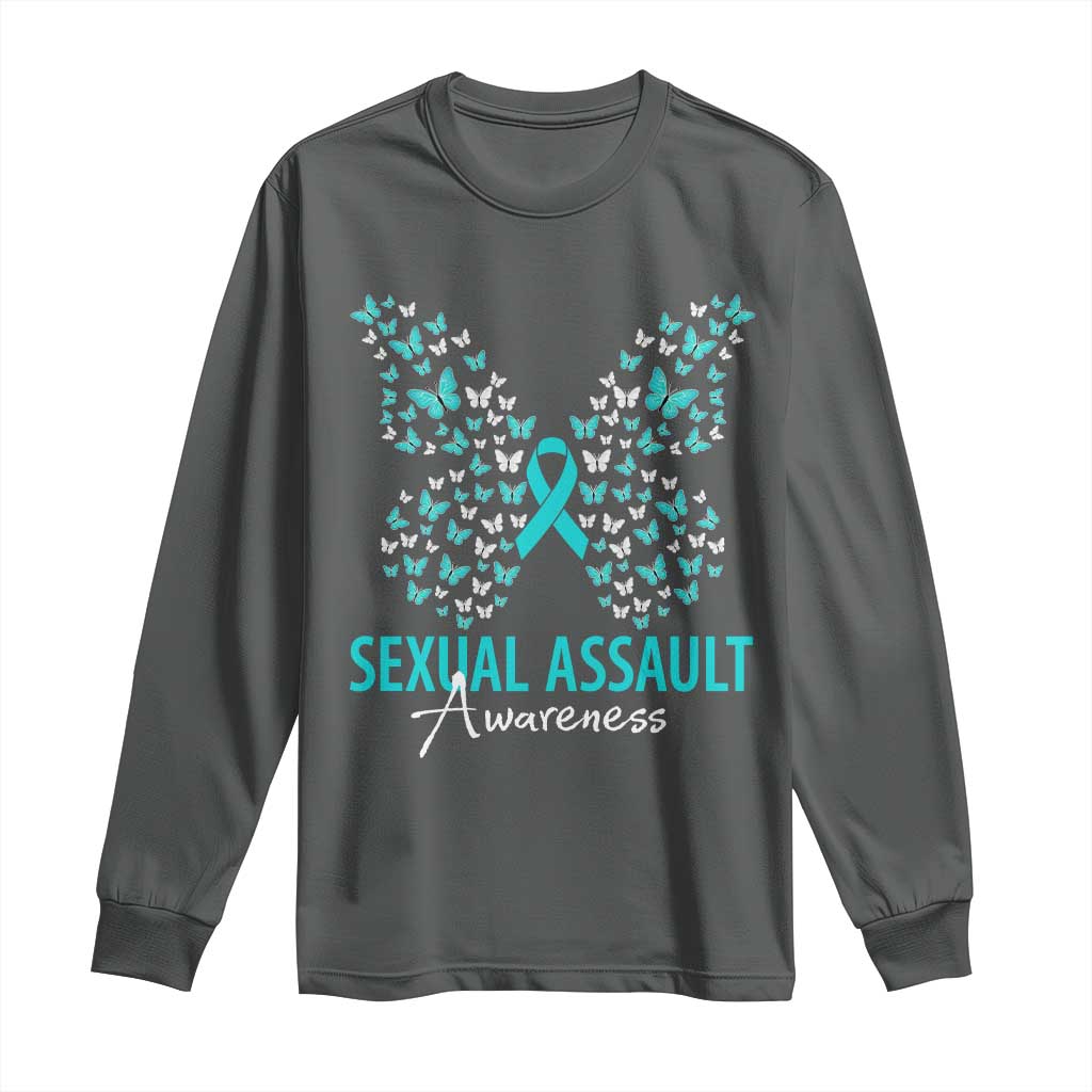 Sexual Assault Awareness Butterfly Ribbon Long Sleeve Shirt TS14 Dark Heather Print Your Wear