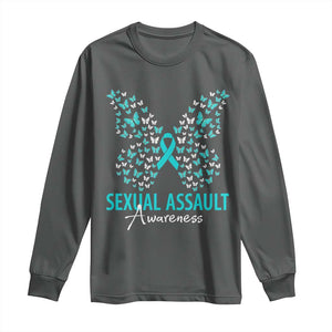 Sexual Assault Awareness Butterfly Ribbon Long Sleeve Shirt TS14 Dark Heather Print Your Wear