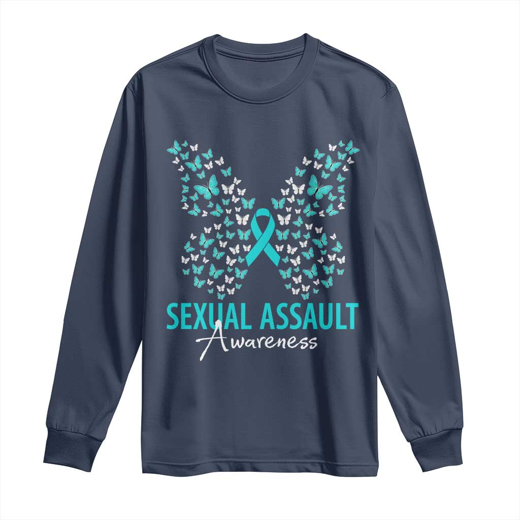 Sexual Assault Awareness Butterfly Ribbon Long Sleeve Shirt TS14 Navy Print Your Wear