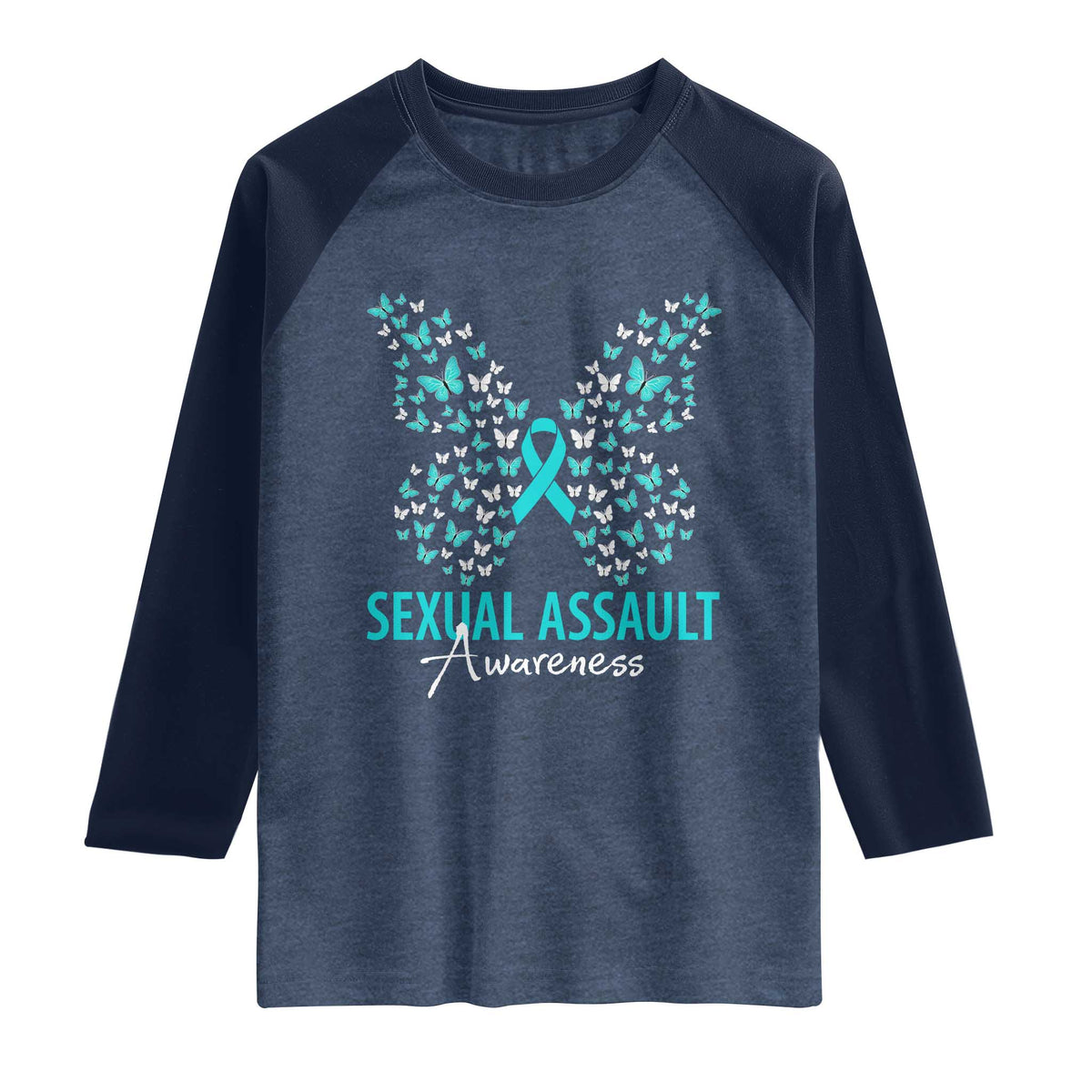 Sexual Assault Awareness Butterfly Ribbon Raglan Shirt TS14 Heather Denim Navy Print Your Wear