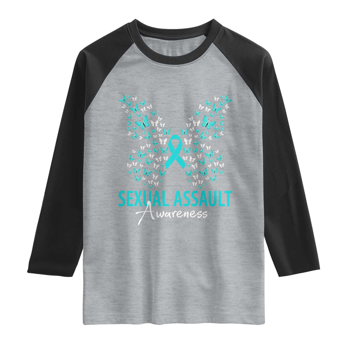 Sexual Assault Awareness Butterfly Ribbon Raglan Shirt TS14 Heather Gray Black Print Your Wear