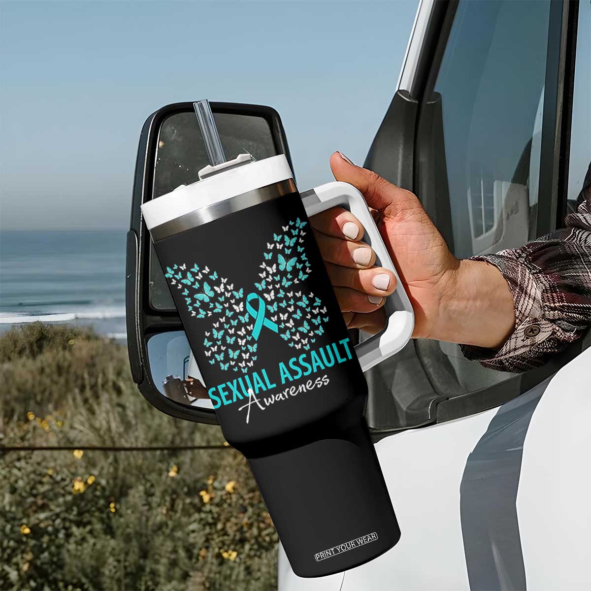 Sexual Assault Awareness Butterfly Ribbon Tumbler With Handle TS14 Print Your Wear