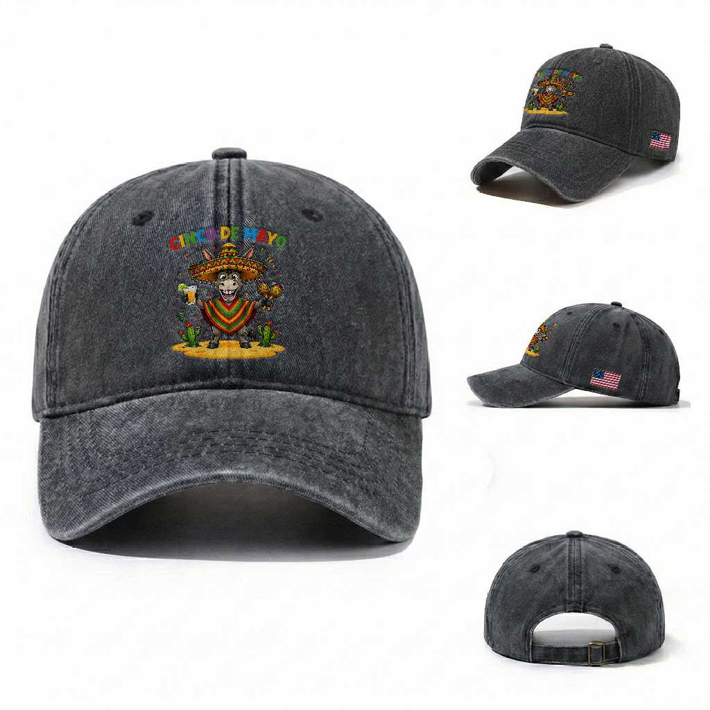 Cinco de Mayo Donkey Mexican Fiesta Washed Cotton Baseball Cap TS14 Washed Cap Universal Fit Dark Gray Print Your Wear