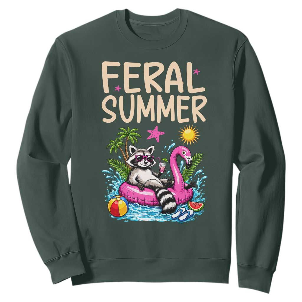 Funny Beach Raccoon Sweatshirt Feral Summer Vacation Gift TS14 Dark Forest Green Print Your Wear