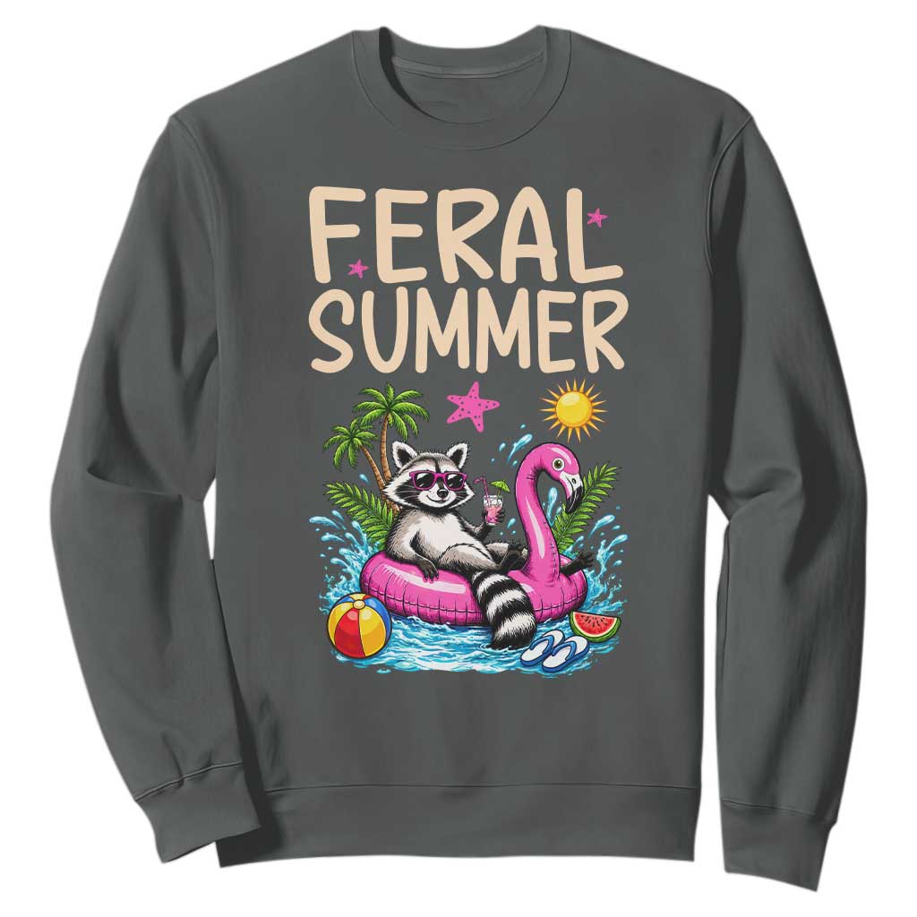 Funny Beach Raccoon Sweatshirt Feral Summer Vacation Gift TS14 Dark Heather Print Your Wear