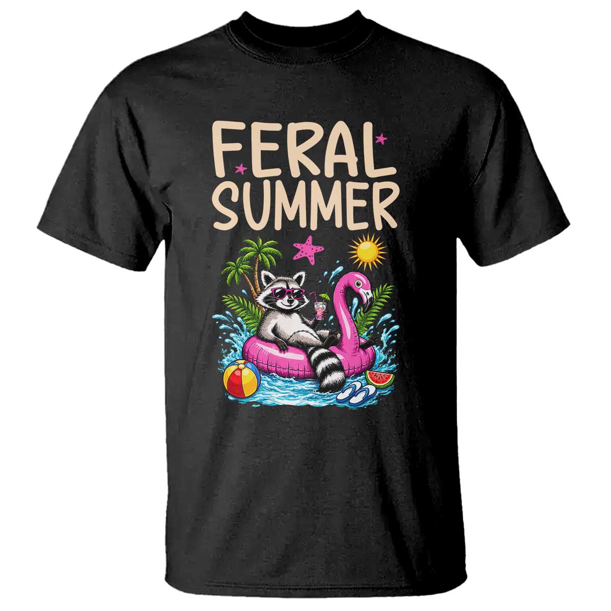 Funny Beach Raccoon T Shirt Feral Summer Vacation Gift TS14 Black Print Your Wear