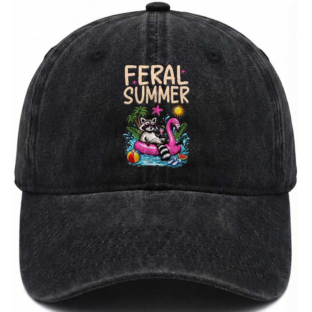 Funny Beach Raccoon Washed Cotton Baseball Cap Feral Summer Vacation Gift TS14 Print Your Wear