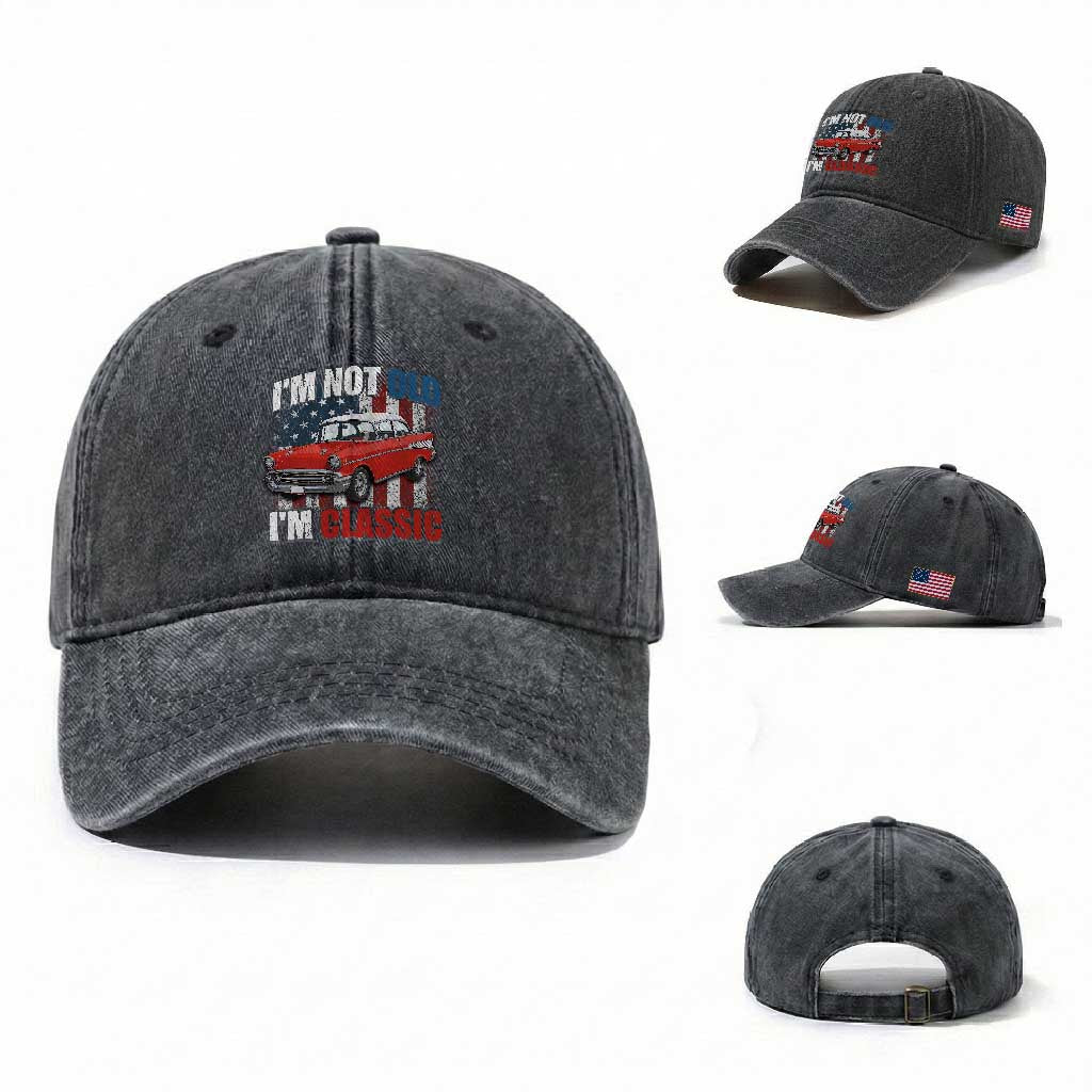 I'm Not Old I'm Classic Washed Cotton Baseball Cap American Classic Collector Car US Flag TS14 Washed Cap Universal Fit Dark Gray Print Your Wear