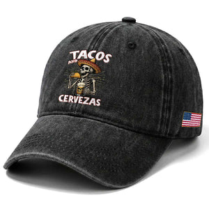 Tacos and Cervezas Washed Cotton Baseball Cap Funny Skeleton Drinking Beer Lovers TS14 Print Your Wear