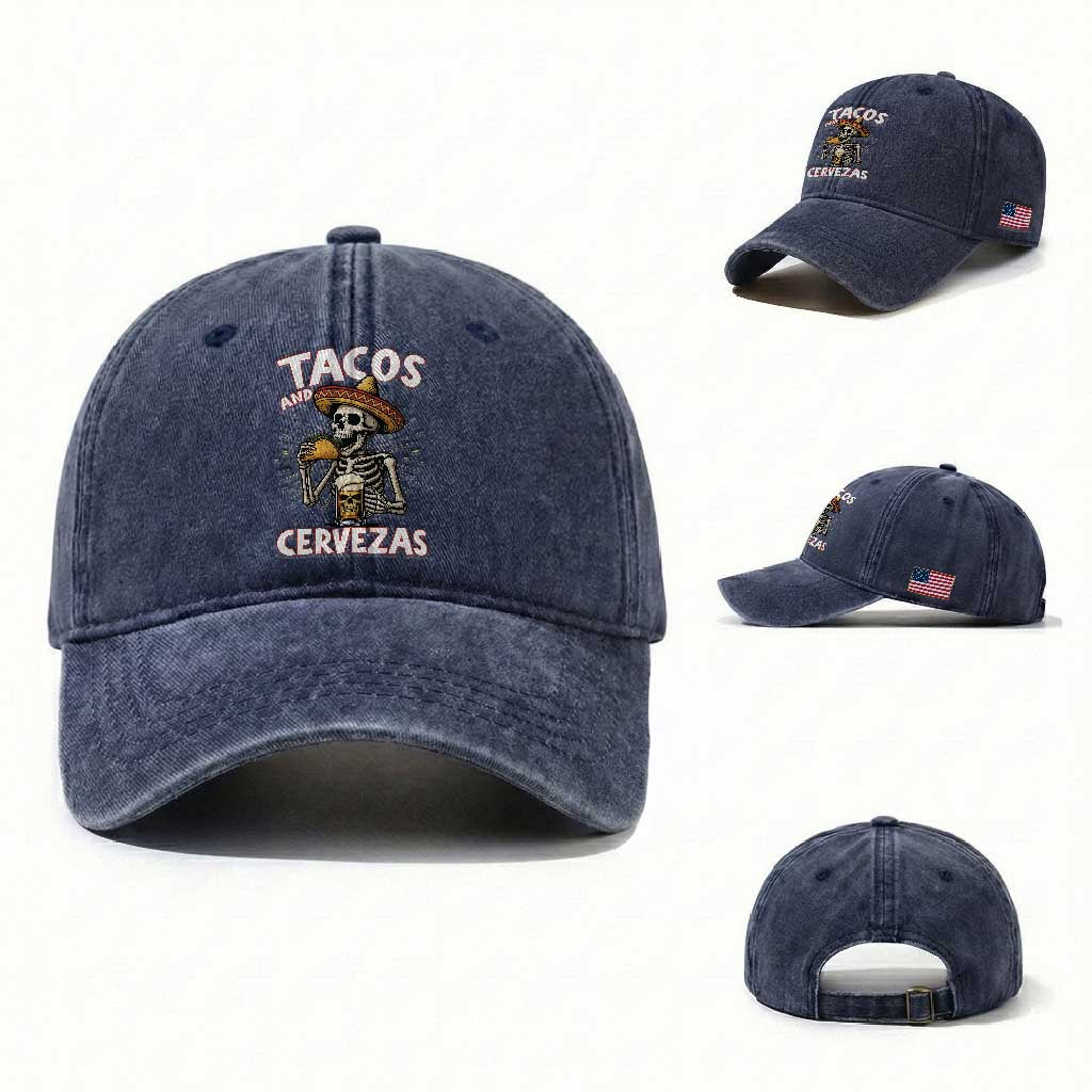 Tacos and Cervezas Washed Cotton Baseball Cap Funny Skeleton Drinking Beer Lovers TS14 Washed Cap Universal Fit Navy Print Your Wear