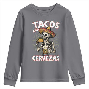 Tacos and Cervezas Youth Sweatshirt Funny Skeleton Drinking Beer Lovers TS14 Charcoal Print Your Wear