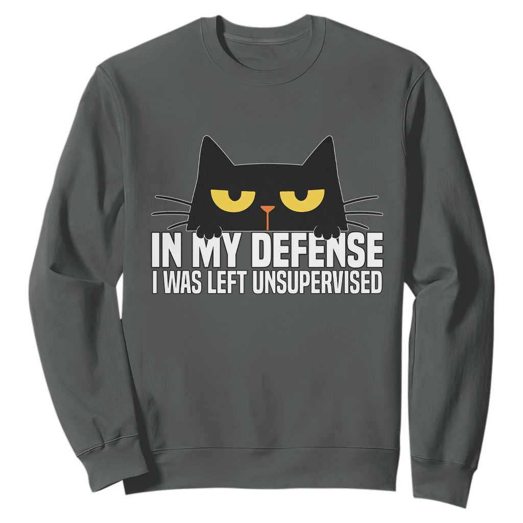 Sarcastic Black Cat Sweatshirt In My Defense I Was Left Unsupervised TS14 Dark Heather Print Your Wear