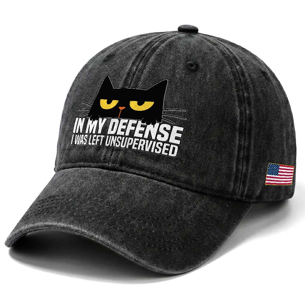 Sarcastic Black Cat Washed Cotton Baseball Cap In My Defense I Was Left Unsupervised TS14 Print Your Wear