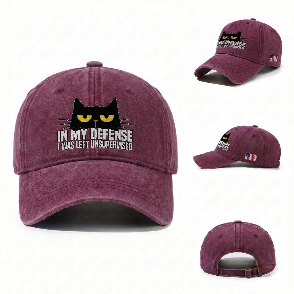Sarcastic Black Cat Washed Cotton Baseball Cap In My Defense I Was Left Unsupervised TS14 Washed Cap Universal Fit Burgundy Print Your Wear