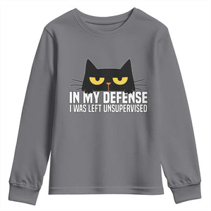 Sarcastic Black Cat Youth Sweatshirt In My Defense I Was Left Unsupervised TS14 Charcoal Print Your Wear