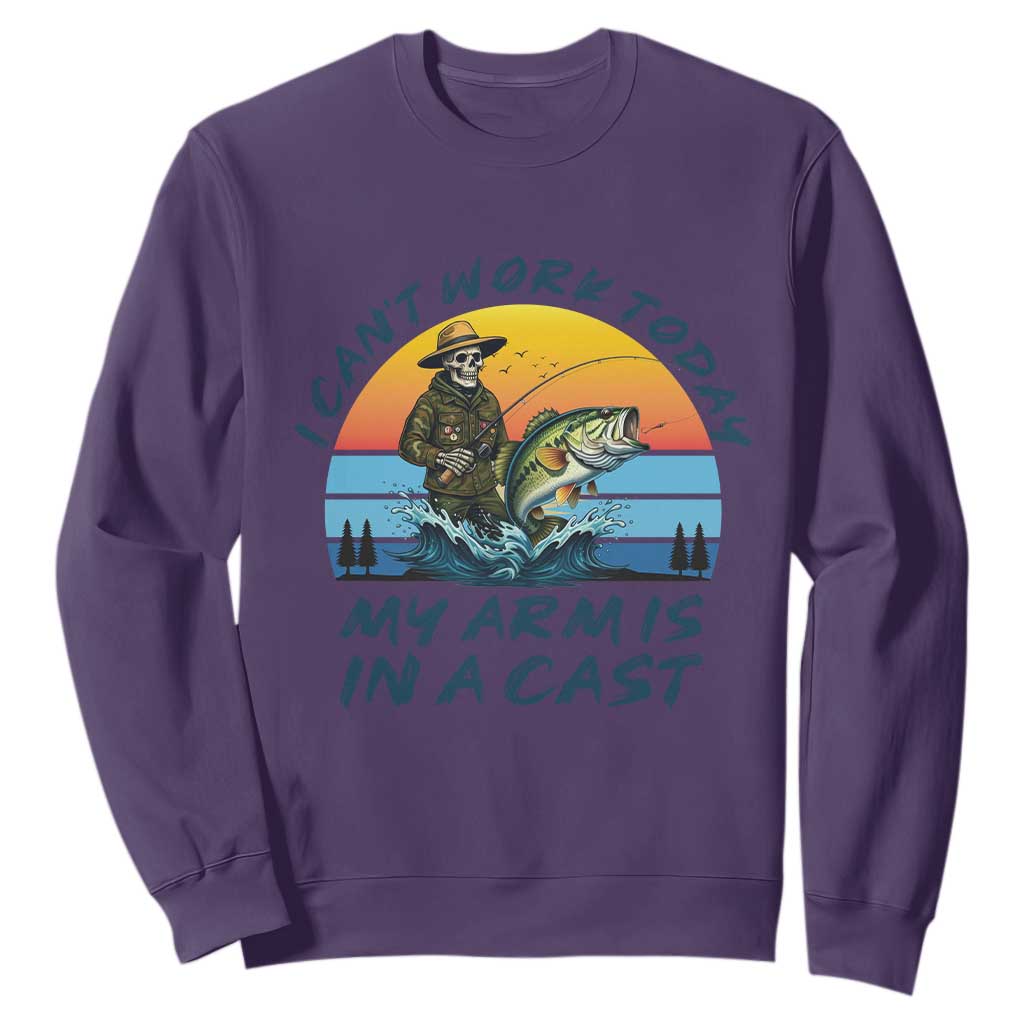 Funny Skeleton Camo Fishing Sweatshirt I Can Not Work Today My Arm Is In A Cast TS14 Purple Print Your Wear