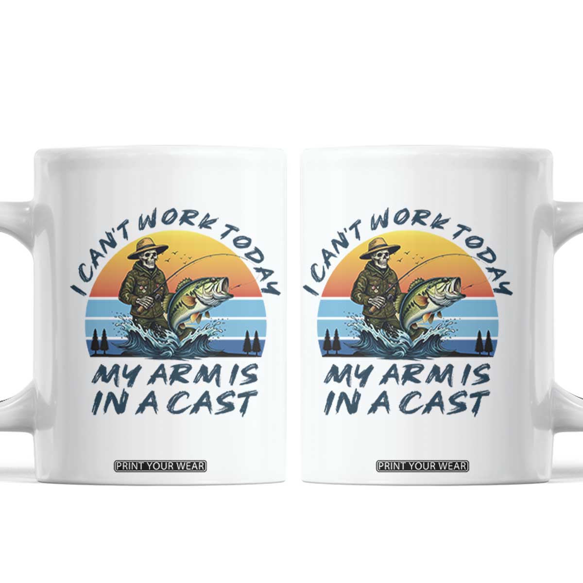 Funny Skeleton Camo Fishing Coffee Mug I Can Not Work Today My Arm Is In A Cast TS14 White Print Your Wear