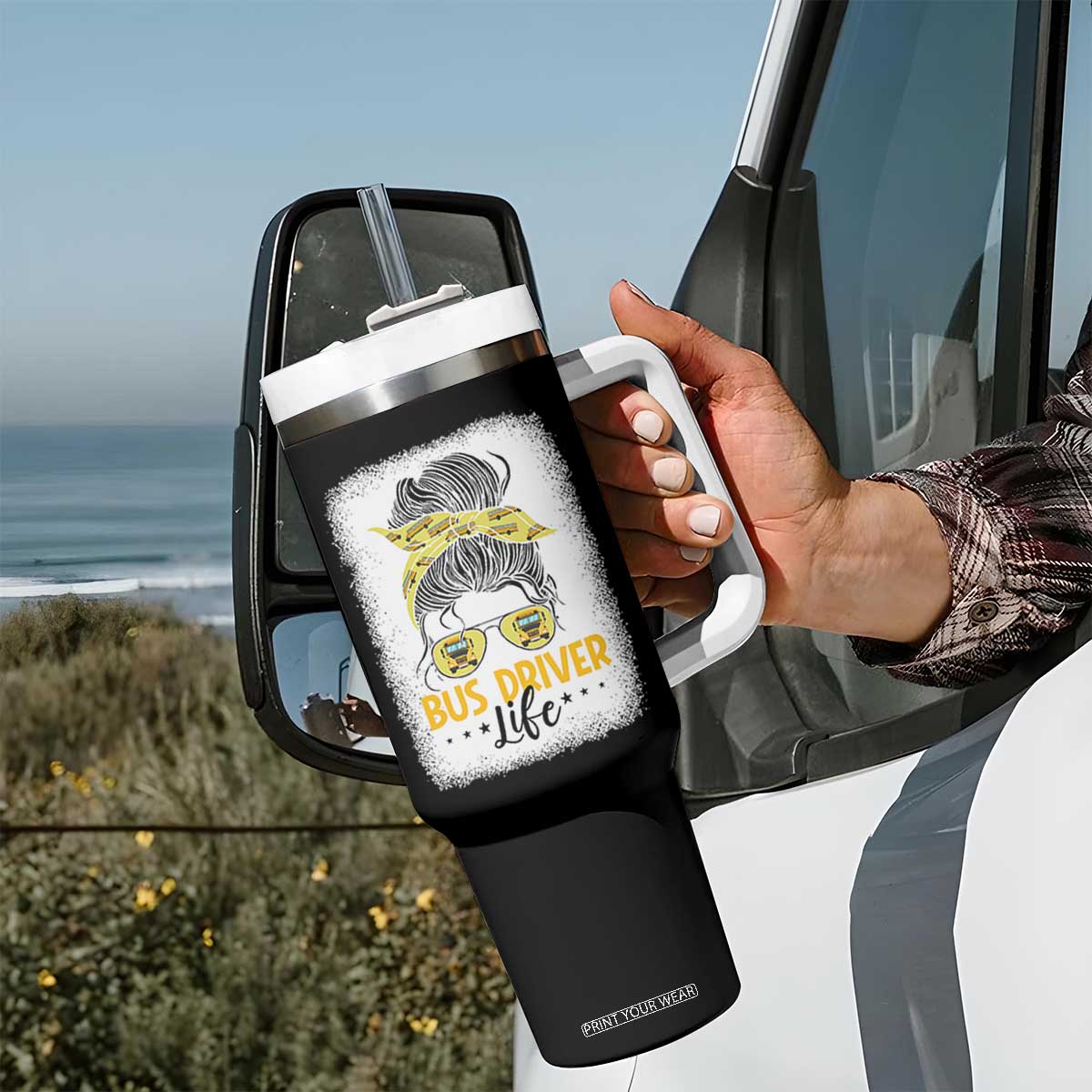 Messy Bun School Bus Driver Life Tumbler With Handle TS14 Print Your Wear