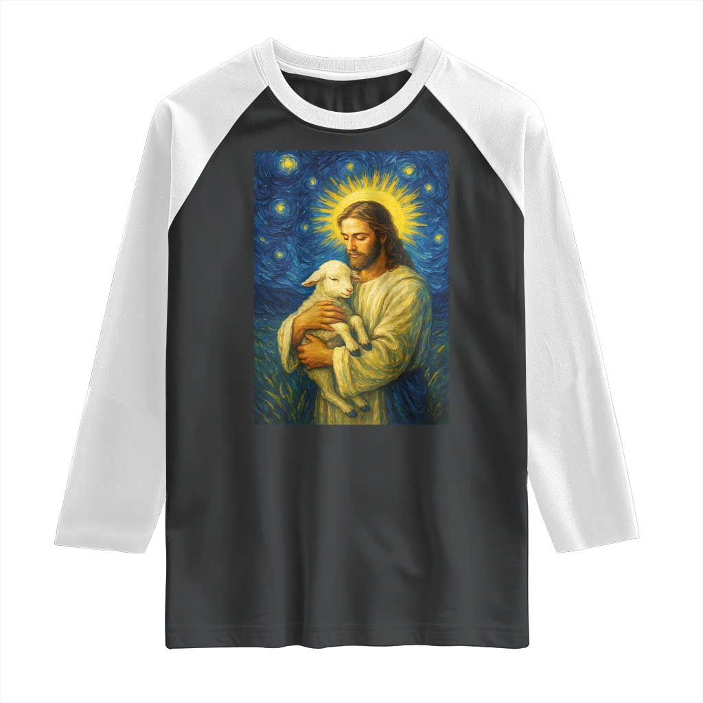 Jesus Christian Raglan Shirt Hug Lamb Starry Night Van Gogh TS14 Black White Print Your Wear