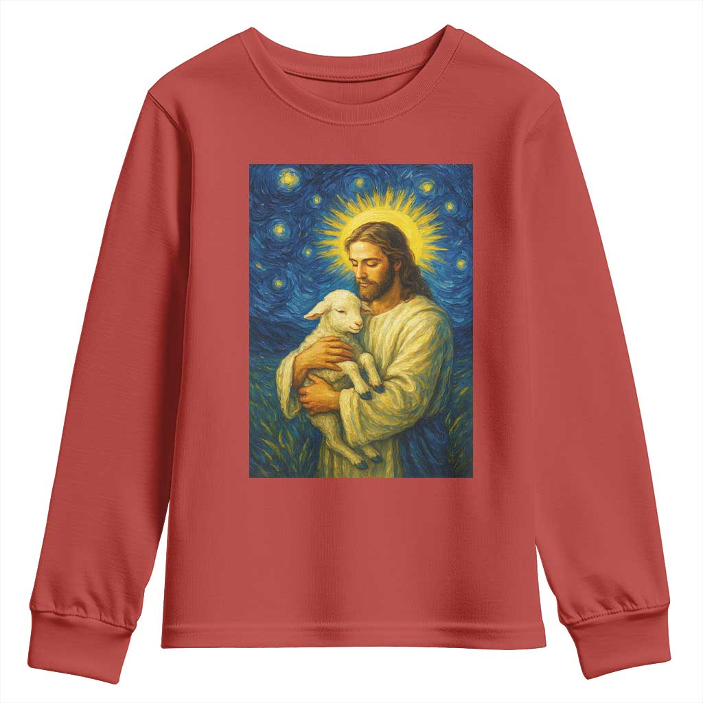 Jesus Christian Youth Sweatshirt Hug Lamb Starry Night Van Gogh TS14 Red Print Your Wear