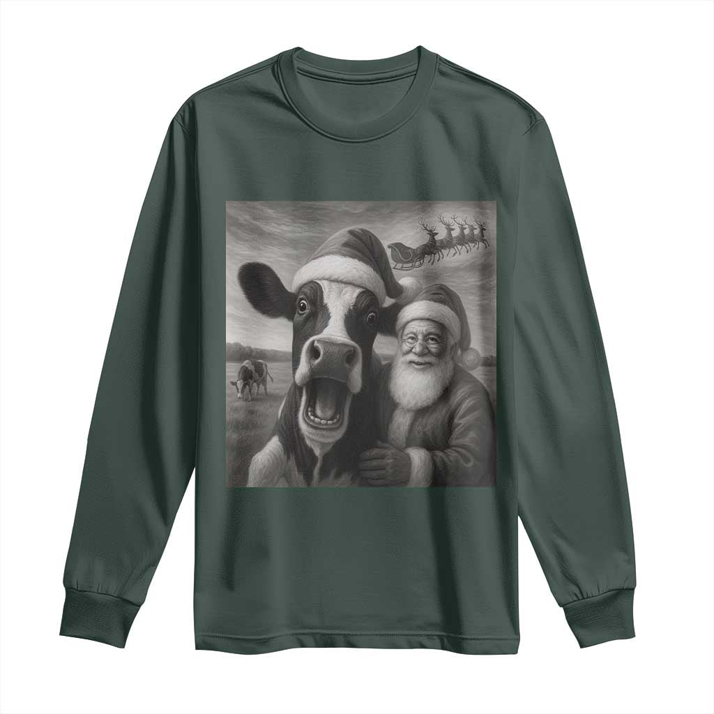Funny Santa Selfie with Cow Christmas Long Sleeve Shirt TS14 Dark Forest Green Print Your Wear