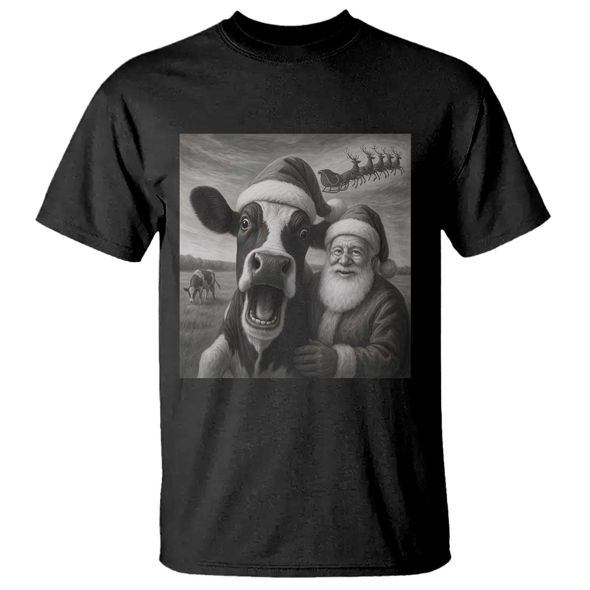 Funny Santa Selfie with Cow Christmas T Shirt TS14 Black Print Your Wear