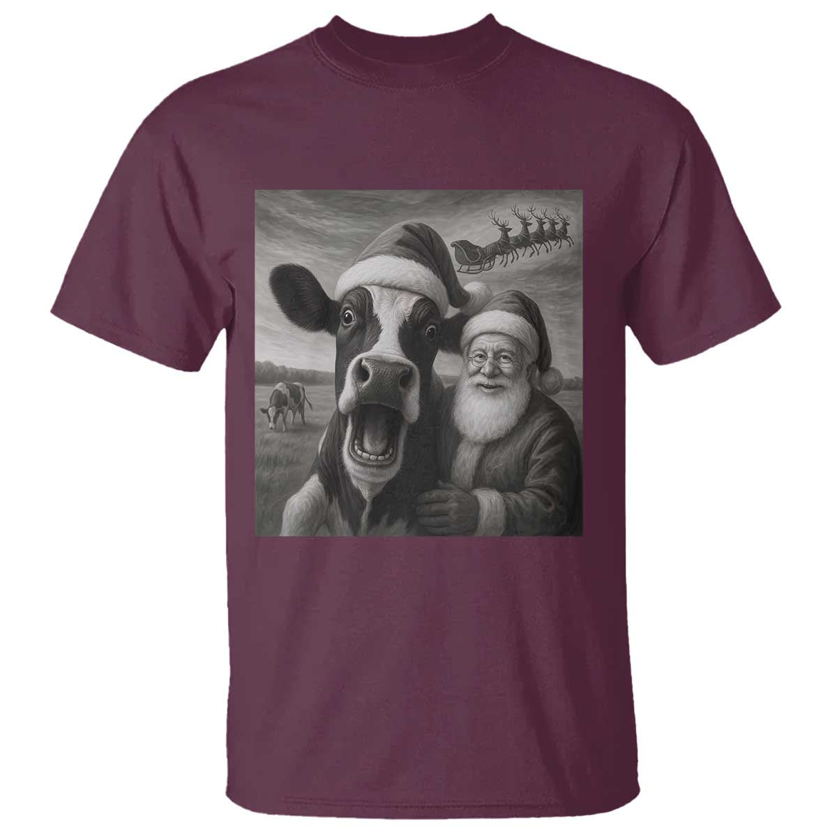 Funny Santa Selfie with Cow Christmas T Shirt TS14 Maroon Print Your Wear