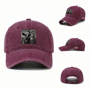 Funny Santa Selfie with Cow Christmas Washed Cotton Baseball Cap TS14 Washed Cap Universal Fit Burgundy Print Your Wear