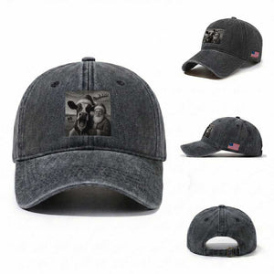 Funny Santa Selfie with Cow Christmas Washed Cotton Baseball Cap TS14 Washed Cap Universal Fit Dark Gray Print Your Wear