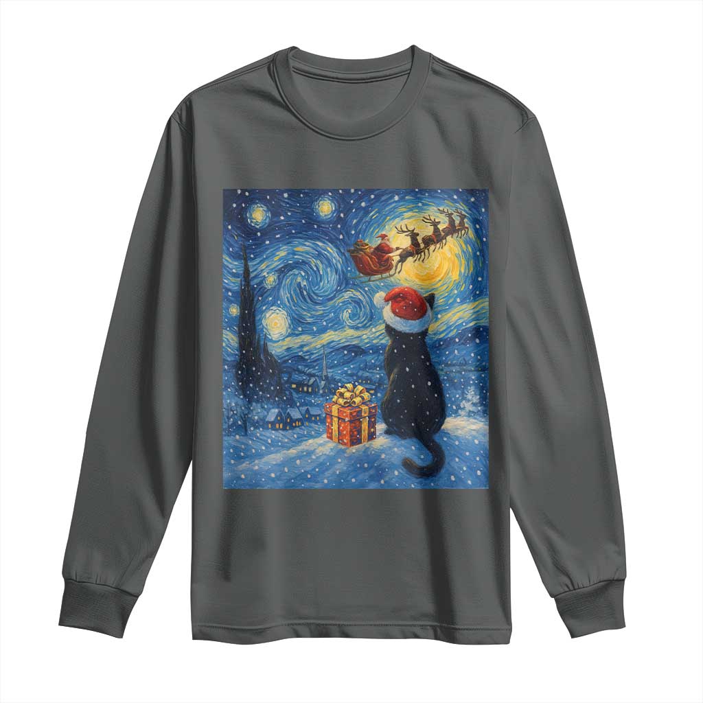 Cat Starry Night Christmas Long Sleeve Shirt Van Gogh Cat Lover Xmas TS14 Dark Heather Print Your Wear