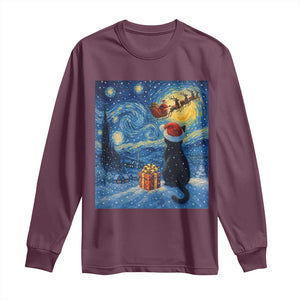 Cat Starry Night Christmas Long Sleeve Shirt Van Gogh Cat Lover Xmas TS14 Maroon Print Your Wear