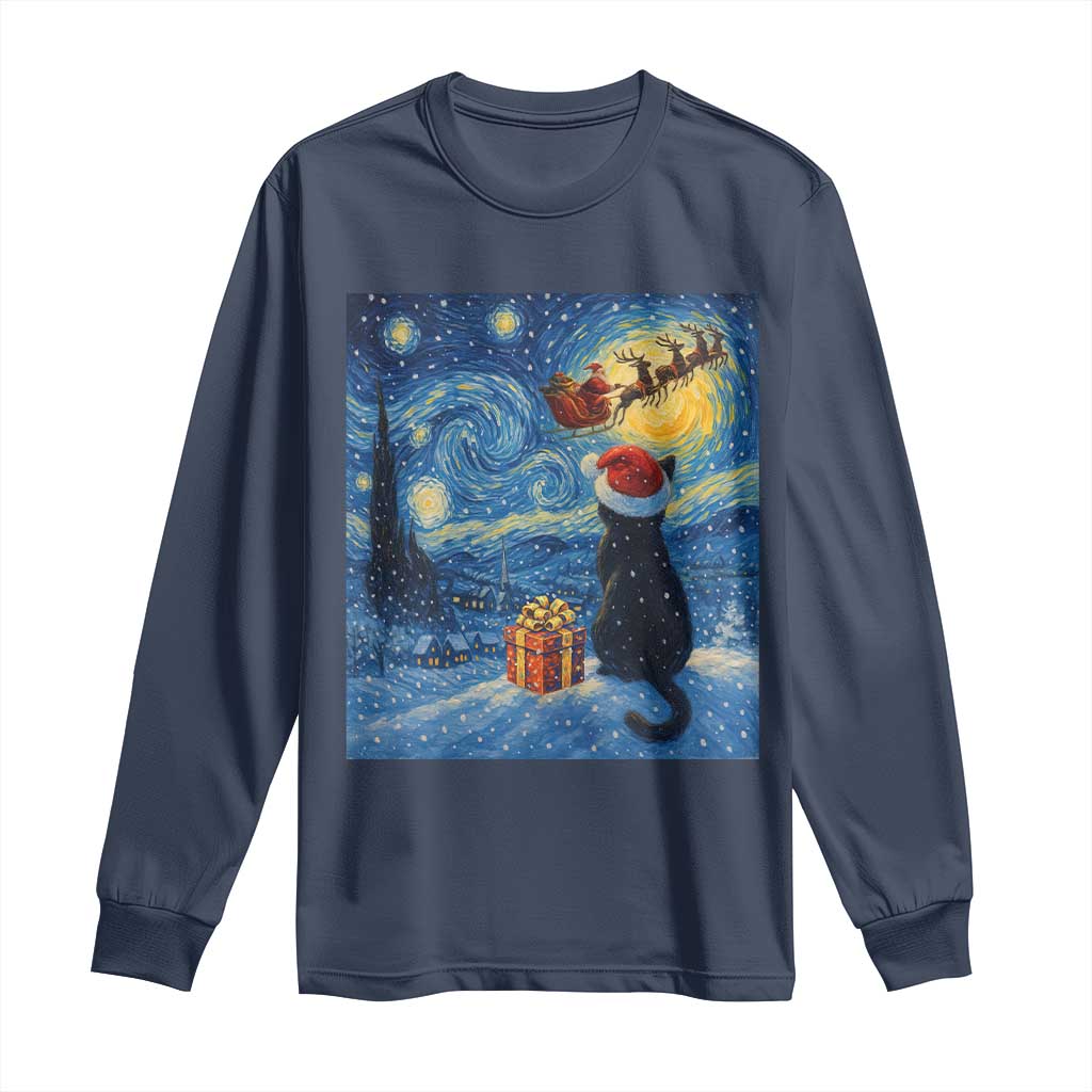 Cat Starry Night Christmas Long Sleeve Shirt Van Gogh Cat Lover Xmas TS14 Navy Print Your Wear