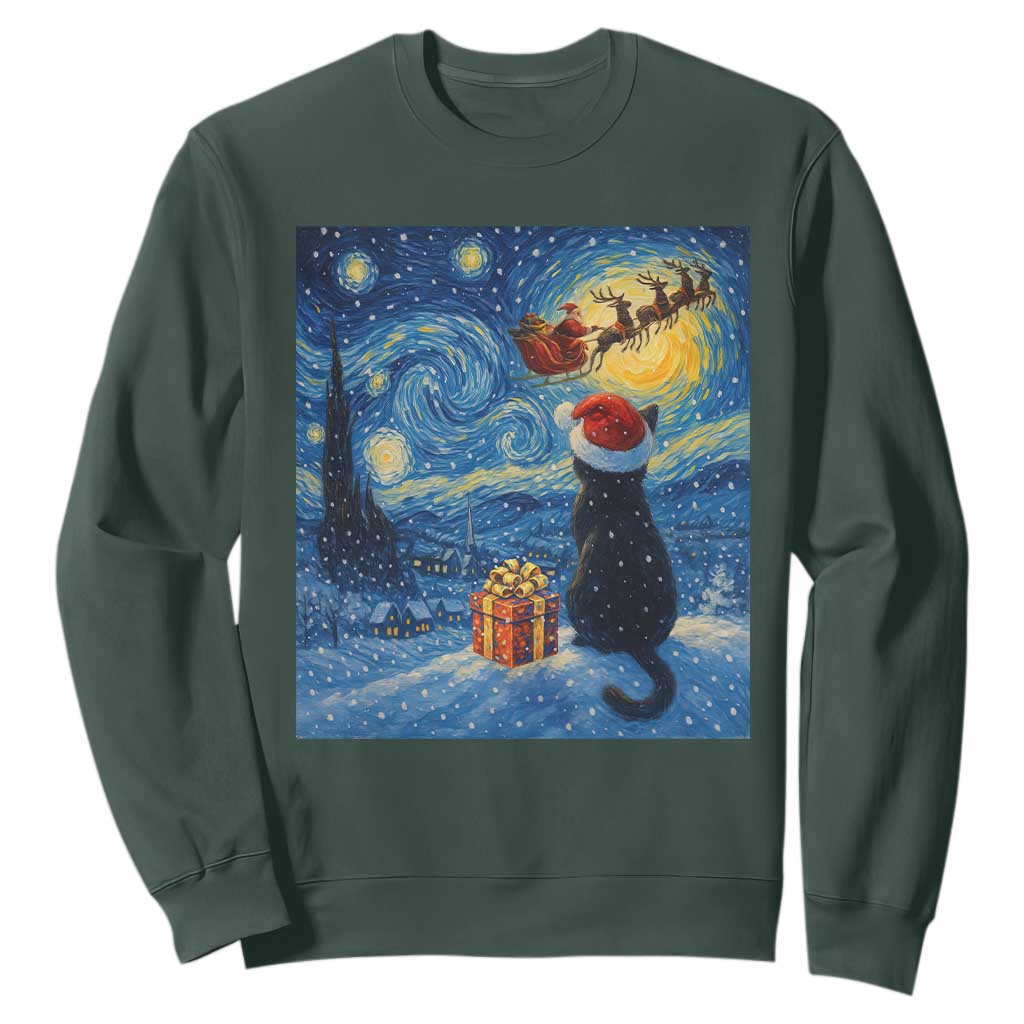 Cat Starry Night Christmas Sweatshirt Van Gogh Cat Lover Xmas TS14 Dark Forest Green Print Your Wear