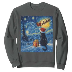 Cat Starry Night Christmas Sweatshirt Van Gogh Cat Lover Xmas TS14 Dark Heather Print Your Wear