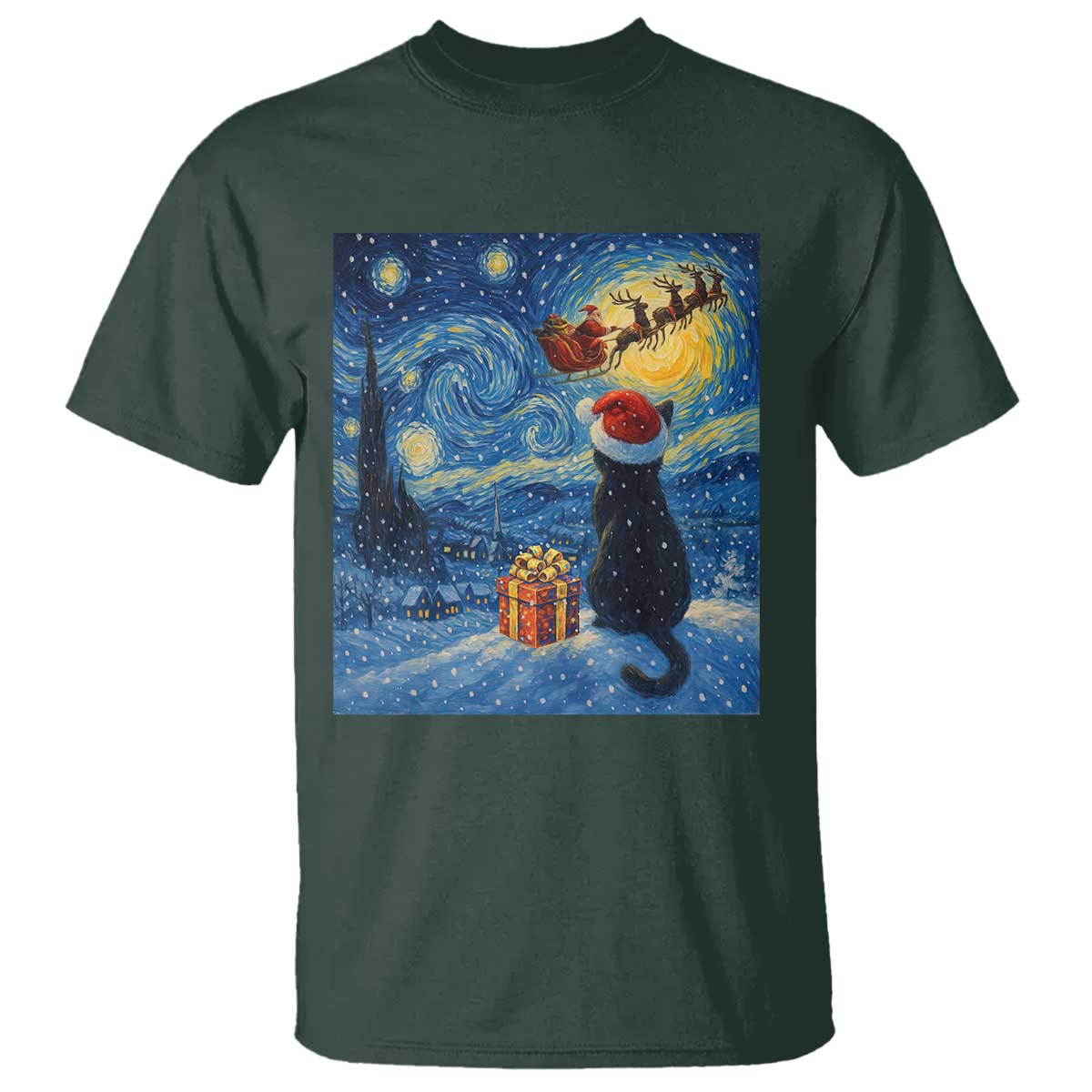 Cat Starry Night Christmas T Shirt Van Gogh Cat Lover Xmas TS14 Dark Forest Green Print Your Wear
