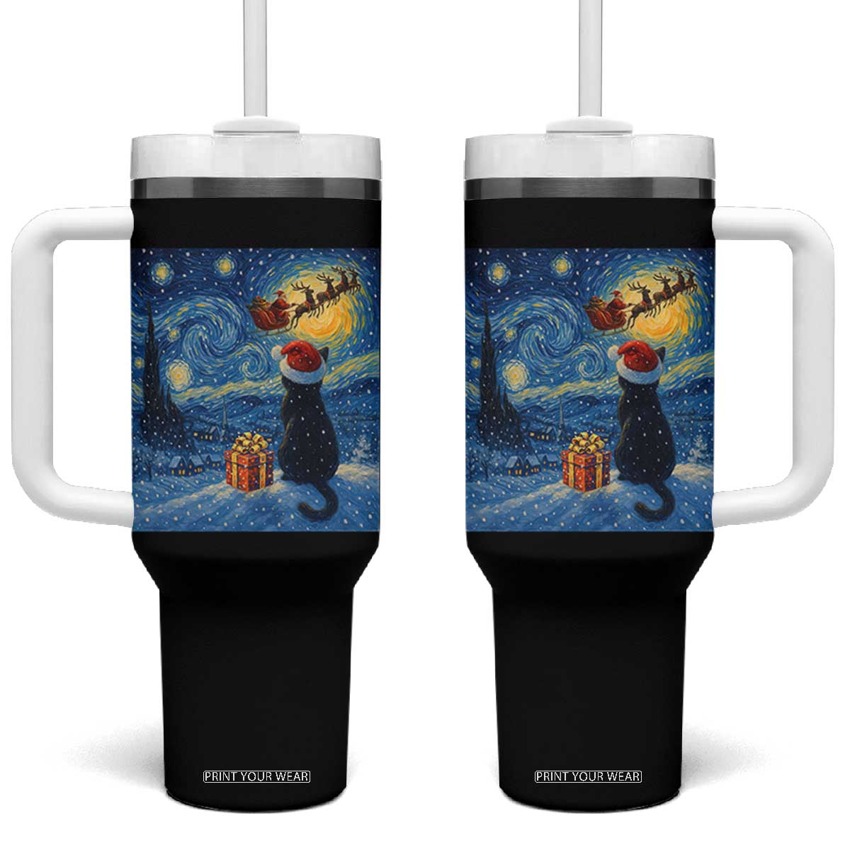 Cat Starry Night Christmas Tumbler With Handle Van Gogh Cat Lover Xmas TS14 One Size: 40 oz Black Print Your Wear