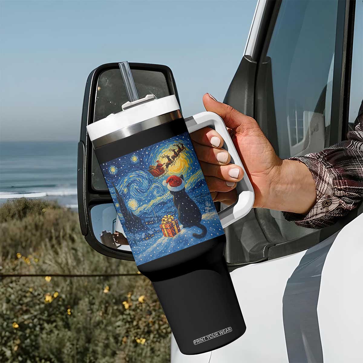Cat Starry Night Christmas Tumbler With Handle Van Gogh Cat Lover Xmas TS14 Print Your Wear