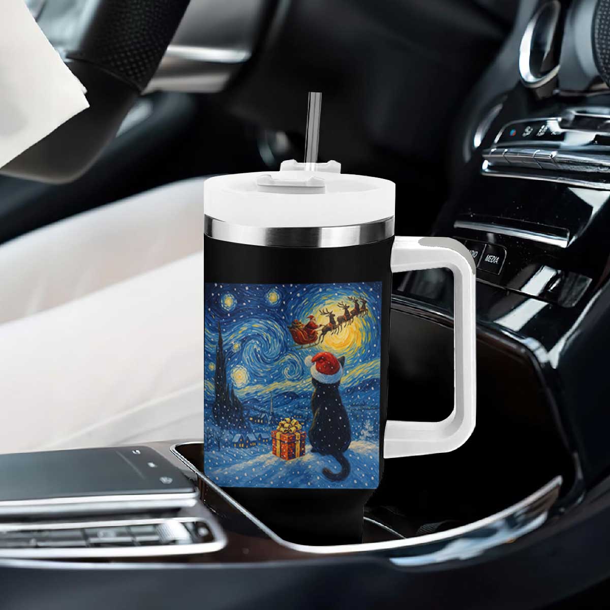 Cat Starry Night Christmas Tumbler With Handle Van Gogh Cat Lover Xmas TS14 Print Your Wear