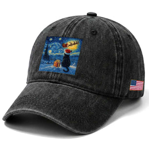 Cat Starry Night Christmas Washed Cotton Baseball Cap Van Gogh Cat Lover Xmas TS14 Print Your Wear